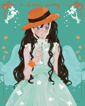 1girl aqua_background aqua_dress black_hair blue_eyes dress hat long_hair orange_hat original scrunchie sideways_glance sleeveless sleeveless_dress solo sugarlisu summer upper_body wrist_scrunchie