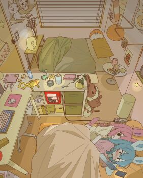2girls absurdly_detailed_composition bed blue_hair blush book bow candle cellphone character_doll character_request closed_mouth coffee_mug commentary_request computer_keyboard computer_mouse cup desk diglett doko_demo_issyo doll eevee furry furry_with_furry gen_1_pokemon gen_4_pokemon gen_6_pokemon glaceon highres indoors inoue_toro lamp loaded_interior long_hair mike_no_hito mug multiple_girls night nintendo pencil_case personification phone pillow pink_hair pink_shirt poke_ball pokemon poster_(object) power_strip shirt smartphone smile stuffed_animal stuffed_toy sweatdrop sylveon vase white_bow yellow_shirt yuri