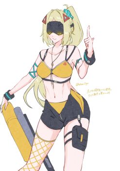 1girl alternate_costume arm_strap ashimi_fugo bare_shoulders bikini bikini_bottom_under_shorts bikini_under_clothes black_shorts blindfold_mask blonde_hair collarbone commentary_request covered_eyes cowboy_shot fishnet_thighhighs fishnets glowing_mask hair_ornament highres index_finger_raised jewelry long_hair mask navel necklace parted_lips ponytail pouch shorts simple_background single_thighhigh solo stomach swimsuit thigh_pouch thighhighs translation_request triangle_hair_ornament trigger_(zenless_zone_zero) twitter_username white_background wristband yellow_bikini zenless_zone_zero zipper