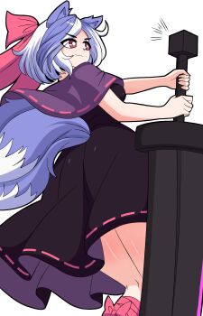 absurdres animal_ears black_dress capelet commentary dog_ears dog_tail dress english_commentary from_behind from_below heavyblade_rabbit highres holding holding_sword holding_weapon mitsugashira_enoko multicolored_hair multiple_tails pink_ribbon red_eyes ribbon rui_hill short_hair sword tail touhou two-tone_hair weapon white_background white_hair