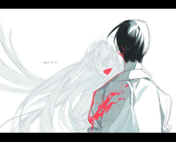 Rule 34 | 1boy, 1girl, :d, black hair, blood, blood splatter, commentary request, facing another, floating hair, gost 56, highres, korean commentary, letterboxed, long hair, looking at another, no eyes, open mouth, original, pink blood, short hair, smile, upper body, very long hair, white hair