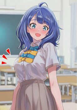 1girl ahoge blue_bow blue_bowtie blue_eyes blue_hair blurry blurry_background blush bow bowtie breasts classroom collared_shirt commentary_request cowboy_shot grey_skirt highres indoors kousan large_breasts looking_at_viewer make_heroine_ga_oo_sugiru! medium_hair open_mouth pleated_skirt school_uniform shirt shirt_tucked_in skirt smile solo tsuwabuki_high_school_uniform white_shirt yanami_anna yellow_bow yellow_bowtie