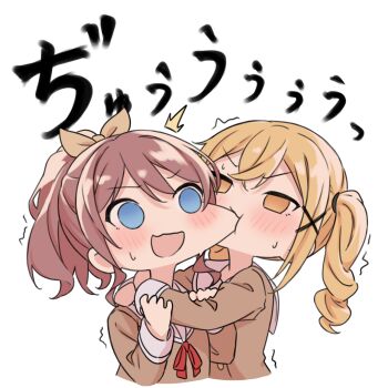 2girls bang_dream! biting biting_cheek blonde_hair blue_eyes blush brown_dress brown_hair commentary_request dress hair_ornament half_updo hanasakigawa_school_uniform highres ichigaya_arisa kanade_(kanade_3344) long_hair multiple_girls open_mouth sailor_collar sailor_dress school_uniform sweatdrop twintails white_background white_sailor_collar x_hair_ornament yamabuki_saya