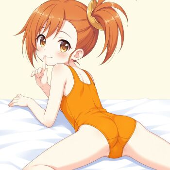 1girl ass bad_tag bed blush flat_chest from_behind highres kala_chana legs loli looking_back lying misogi_(princess_connect!) on_bed on_stomach one-piece_swimsuit orange_hair ponytail princess_connect! side_ponytail smile solo spread_legs swimsuit yellow_eyes