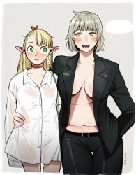 Rule 34 | 2girls, aftersex, arm around waist, black suit, blank speech bubble, blonde hair, blush, borrowed clothes, breasts, brown eyes, buttons, co1fee, collared shirt, dungeon meshi, elf, falin touden, formal, green eyes, grey hair, hand in pocket, highres, implied after sex, large breasts, marcille donato, muffin top, multiple girls, navel, no bra, open clothes, open collar, open mouth, oversized clothes, pants, pointy ears, pussy juice, shirt, short hair, speech bubble, stomach, suit, sweaty clothes, yuri