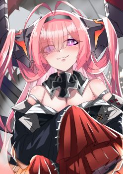 1girl absurdres antenna_hair azur_lane bare_shoulders black_hairband black_horns commentary_request cross detached_collar eyes_visible_through_hair fang hair_on_horn hair_over_one_eye hairband highres horns huge_horns iron_cross long_hair long_sleeves looking_at_viewer mechanical_horns multicolored_horns pink_hair prinz_rupprecht_(azur_lane) purple_eyes siota1998 skin_fang sleeves_past_fingers sleeves_past_wrists solo two-tone_horns very_long_hair