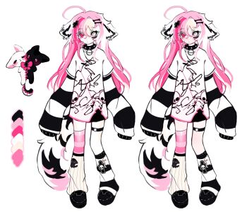 1girl ahoge animal_ears black_collar black_shoes closed_mouth cloud_(lufaeris) collar color_guide commentary english_commentary full_body hair_between_eyes heterochromia highres leg_warmers long_sleeves looking_at_viewer multiple_views original pink_eyes pink_hair pink_thighhighs shirt shoes simple_background single_thighhigh sleeves_past_fingers sleeves_past_wrists striped_clothes striped_thighhighs tail thigh_strap thighhighs white_background white_eyes white_leg_warmers white_shirt