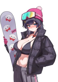 1girl absurdres bare_shoulders beanie black_bra black_hair black_jacket blue_eyes blush bow bra braid breasts breath character_name cleavage closed_mouth collarbone commentary_request frown gloves goggles goggles_on_head gradient-tinted_eyewear green-tinted_eyewear grey_shorts haedungi_(shirayuki_hina) hair_bow hair_ornament hand_in_pocket hand_up hat head_tilt heart heart_hair_ornament highleg highleg_panties highres holding_snowboard jacket large_breasts long_hair long_sleeves looking_at_viewer navel open_clothes open_jacket panties panty_straps pink_gloves red_bow shirayuki_hina shorts simple_background single_braid ski_goggles snowboard solo standing stellive sweatdrop tay_(cdjk7758) tinted_eyewear underwear unzipped very_long_hair virtual_youtuber white_background zipper_pull_tab