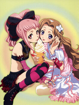 00s 2girls absurdres anya_alstreim arm_ribbon bare_shoulders blue_eyes blush braid brown_hair code_geass dress flat_chest food frills hair_ribbon hairband highres ice_cream jewelry licking long_hair midriff multiple_girls nail_polish navel necklace nunnally_vi_britannia official_art pink_hair pink_nails ponytail red_eyes reference_work ribbon skirt striped_clothes striped_legwear striped_thighhighs tabata_hisayuki thighhighs tongue
