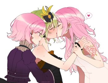 3girls bare_shoulders bite_mark bite_mark_on_neck black_dress blush braid breath closed_eyes commentary dress dual_persona earrings french_kiss green_hair half_up_braid hand_on_another&#039;s_shoulder heart highres holding_another&#039;s_wrist jewelry kiss kusanagi_nene long_hair multiple_girls ootori_emu pink_eyes pink_hair project_sekai purple_dress short_hair simple_background spoken_heart the_coconutnut tongue trembling twitter_username white_background white_dress yuri
