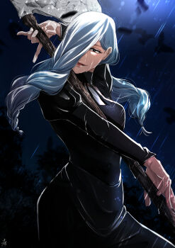 1girl absurdres axe bird black_dress braid braided_bangs braided_ponytail breasts commentary cowboy_shot crow dress eyelashes front_braid hair_between_eyes hair_over_one_eye highres holding holding_axe huge_filesize jujutsu_kaisen juliet_sleeves long_hair long_sleeves looking_at_viewer medium_breasts mei_mei_(jujutsu_kaisen) mitsuru_(aica_hikari) night open_mouth outdoors puffy_sleeves rain signature silver_hair smile solo tree turtleneck turtleneck_dress wet