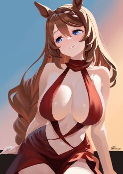 1girl absurdres animal_ears bare_shoulders blue_eyes breasts brown_hair cleavage commentary dress english_commentary evening evening_gown highres large_breasts long_hair open_mouth red_dress revealing_clothes simple_background smile solo super_creek_(umamusume) umamusume zarkua_exe