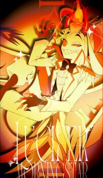 1boy angel angel_wings blonde_hair commentary_request demon_boy demon_horns fire formal_clothes hair_slicked_back hashtag-only_commentary hazbin_hotel hellaverse highres horns looking_down lucifer_morningstar_(hazbin_hotel) male_focus slit_pupils solo suit wings zombie_jpg