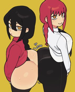 2girls ass ass-to-ass ass_focus black_hair black_necktie black_pants braid braided_ponytail breasts chainsaw_man clothes_pull collared_shirt hair_between_eyes huge_ass kyojiri_loli large_breasts leotard loli long_hair looking_at_viewer makima_(chainsaw_man) multiple_girls nayuta_(chainsaw_man) necktie pants pants_pull red_hair ringed_eyes shirt sidelocks simple_background smile standing sweat sweater thick_thighs thighhighs thighs white_shirt wide_hips yellow_background yellow_eyes yono5
