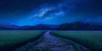 artist_request field game_cg grass highres milky_way mountainous_horizon night no_humans outdoors path road scenery sky star_(sky) starry_sky third-party_source touhou touhou_lostword tree