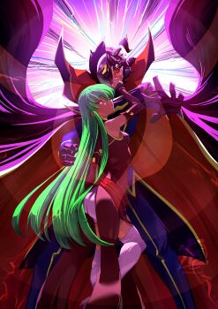 1boy 1girl bare_shoulders boots breasts broken_helmet brown_hair c.c. center_opening cloak code_geass detached_sleeves dress eladb_art feet_out_of_frame geass green_eyes green_hair high_heel_boots high_heels highres lelouch_vi_britannia long_hair medium_breasts popped_collar red_cloak red_dress red_sleeves short_hair shorts sidelocks thigh_boots white_boots white_shorts yellow_eyes zero_(code_geass)