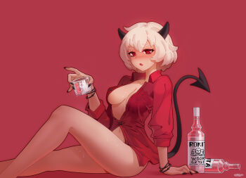 1girl :o absurdres alcohol arm_support bare_legs black_horns black_nails blush bottle bottomless bracelet breasts cleavage collarbone collared_shirt commentary_request cup demon_girl demon_horns demon_tail dress_shirt feet_out_of_frame from_side helltaker highres holding holding_cup horns ice ice_cube jewelry joker.z knee_up looking_at_viewer malina_(helltaker) medium_breasts nail_polish naked_shirt navel no_bra open_clothes open_mouth partially_unbuttoned red_background red_eyes red_shirt shirt short_hair simple_background sitting solo sweat tail