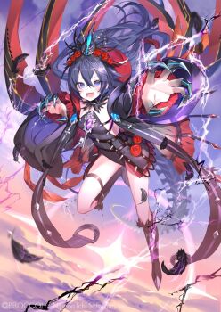 1girl black_boots black_coat black_dress black_feathers boots claw_pose claws coat dress dress_flower electricity feathers floating_hair flower gradient_sky hair_between_eyes hair_flower hair_ornament ibara_riato kamiyugi_yachiyo long_hair off-shoulder_dress off_shoulder official_art open_clothes open_coat open_mouth purple_eyes purple_hair reaching reaching_towards_viewer red_flower red_rose rose sky solo tail teeth thigh_strap z/x