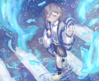 1girl absurdres bang_dream! bang_dream!_it&#039;s_mygo!!!!! black_socks blue_jacket blush brown_eyes closed_mouth commentary crosswalk fish flying_fish grey_hair grey_skirt hair_between_eyes hands_up highres jacket latte_bf long_sleeves open_clothes open_jacket shirt short_hair skirt socks solo surreal takamatsu_tomori white_shirt