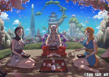 2024 3girls aqua_hair architecture arm_tattoo barefoot bento black_hair blue_kimono blue_sky castle cherry_blossoms chopsticks commentary east_asian_architecture egg_tart_art english_commentary hakama highres holding holding_chopsticks horns indian_style japanese_clothes kimono long_hair looking_at_viewer multiple_girls nami_(one_piece) nami_(one_piece)_(wano) nico_robin nico_robin_(onigashima) obi official_alternate_costume one_piece orange_hair outdoors picnic ponytail purple_sash red_hakama sash seiza short_kimono sidelocks sitting sky smile tattoo twitter_username wanokuni white_hair yamato_(one_piece) yokozuwari