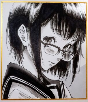 1girl closed_mouth commentary_request expressionless glasses greyscale looking_at_viewer looking_over_eyewear looking_to_the_side makomako1061 monochrome original photo_(medium) portrait rectangular_eyewear sailor_collar shikishi short_hair solo traditional_media wispy_bangs