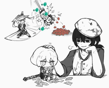 2boys 2girls apron beret buttons crying faust_(project_moon) flaw_eight greyscale hat heishou_pack-mao_branch_(identity)_(project_moon) hitting holding holding_ofuda holding_sword holding_weapon jang_schna limbus_company long_sleeves low_ponytail lunacy_(limbus_company) monochrome multiple_boys multiple_girls ofuda parted_lips petting polearm ponytail project_moon rice_hat ring_(identity)_(project_moon) shirt simple_background sinclair_(project_moon) smile spot_color sword technology_liberation_alliance_(identity)_(project_moon) weapon yi_sang_(project_moon)