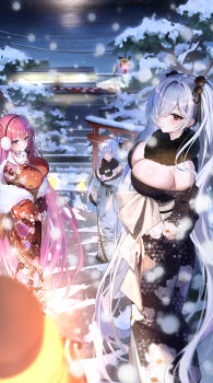 3girls absurdres black_kimono blue_eyes breasts caba_(caba091) cinderella_(nikke) cleavage colored_eyelashes commentary_request dorothy_(nikke) goddess_of_victory:_nikke highres japanese_clothes kimono large_breasts looking_at_viewer multiple_girls nayuta_(nikke) outdoors pink_hair purple_eyes red_kimono snow snowing twintails white_hair white_kimono