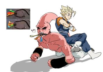 Rule 34 | 2boys, black sclera, boots, colored sclera, dragon ball, earrings, gag, gagged, improvised gag, jewelry, linisthename, looking at another, majin buu, male focus, multiple boys, muscular, potara earrings, red hair, super buu, vegetto, yaoi