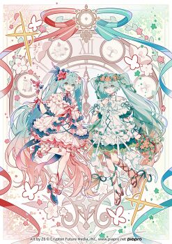 2girls :o absurdly_long_hair aqua_eyes aqua_hair artist_name bare_shoulders basket blue_shirt blue_shoes border bow bowtie bra_strap braid brown_ribbon brown_sandals bug butterfly chinese_commentary clock collared_shirt commentary_request company_name copyright_notice cross-laced_clothes cross-laced_dress cross-laced_sleeves curious dot_nose dress dress_bow dual_persona eyelashes flower flower_basket frilled_dress frilled_sleeves frilled_socks frilled_wrist_cuffs frills full_body gradient_hair green_background green_eyes green_ribbon hair_between_eyes hair_flower hair_ornament hand_on_own_chest happy hatsune_miku head_wreath high_collar high_heel_sandals high_heels highres holding holding_basket holding_flower insect leg_ribbon leg_up long_hair looking_at_viewer low-tied_long_hair low_twin_braids medium_dress multicolored_hair multiple_girls neck_ribbon off-shoulder_dress off_shoulder official_art open_mouth orange_flower orange_hair outline outside_border pink_background pink_bow pink_bowtie pink_flower pink_hair plant pumps red_ribbon ribbon ribbon_legwear sandals shirt shoes short_sleeves single_sleeve_past_wrist single_stripe sleeveless sleeveless_shirt smile socks sparkle striped_bow striped_bowtie striped_clothes thigh_strap twin_braids two-tone_background very_long_hair vines vocaloid white_border white_bow white_dress white_flower white_outline white_socks white_wrist_cuffs wrist_cuffs wrist_ribbon z6