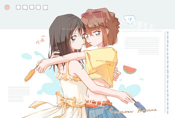 2girls absurdres arms_around_neck back_bow bare_arms black_hair blue_eyes blunt_ends blush bow brown_hair character_request check_character commission cropped_shirt crossed_bangs eyewear_on_head food food_in_mouth haibara_ai hair_between_eyes heart highres holding holding_food holding_popsicle huaxingxing hug looking_at_viewer medium_hair meitantei_conan midriff mihuashi_commission multiple_girls navel one-piece_swimsuit outstretched_arm pocky pocky_in_mouth pocky_kiss popsicle shared_food shirt short_hair speech_bubble spoken_heart sunglasses swimsuit upper_body yellow_bow yellow_one-piece_swimsuit yellow_shirt yoshida_ayumi yuri