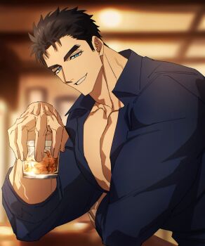 Rule 34 | 1boy, arm on table, bara, beer mug, black hair, blue eyes, blue shirt, blurry, blurry background, bodybuilder, collarbone, cup, domo (domo kizusuki), highres, holding, holding cup, indoors, kokado shido (domo), large pectorals, light smile, looking at viewer, male focus, manly, mug, muscular, muscular arms, muscular male, original, partially open shirt, pectoral cleavage, pectorals, shirt, short hair, shredded muscles, sideburns, smile, tareme, thick eyebrows, upper body, v-taper, veins, veiny arms, veiny neck