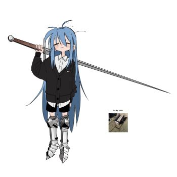 Rule 34 | 1girl, :3, ahoge, blue hair, cardigan, closed eyes, collared shirt, copyright name, full body, highres, holding, holding sword, holding weapon, huge weapon, izumi konata, leg armor, long hair, long sleeves, lucky star, messy hair, mole, mole under eye, nike (company), over shoulder, photo inset, shirt, shorts, smile, solo, sword, tsuda hayato, very long hair, weapon, weapon over shoulder