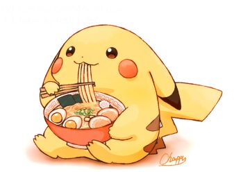 bowl chopsticks commentary_request eating egg fat_pikachu food food_in_mouth full_body gen_1_pokemon holding holding_bowl mimix nintendo no_humans noodles pikachu pokemon pokemon_(creature) pokemon_focus ramen smile solo tail