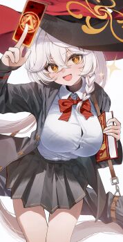 1girl arm_up between_fingers black_coat black_shirt black_skirt blue_archive book bow bowtie bra_visible_through_clothes braid breasts button_gap card coat collared_shirt cowboy_shot dress_shirt eri_(blue_archive) grimoire hat highres holding holding_book holding_card large_breasts long_hair long_sleeves looking_at_viewer miniskirt open_clothes open_coat open_mouth orange_eyes pleated_skirt school_uniform shirt shirt_tucked_in simple_background skirt smile solo sparkling_eyes thighs undershirt v-shaped_eyebrows very_long_hair white_background white_hair white_shirt witch_hat zain_(jiha3905)