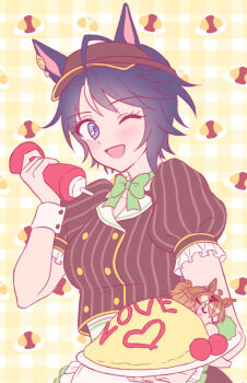 Rule 34 | 2girls, ahoge, animal ears, apron, black hair, blue eyes, blush, bow, braid, breasts, brown hair, brown shirt, brown skirt, closed eyes, coco's, food, fuji kiseki (umamusume), green bow, hair between eyes, hair ornament, hairclip, half up braid, highres, holding, holding plate, horse ears, horse girl, jungle pocket (umamusume), ketchup, ketchup bottle, looking at viewer, medium hair, multicolored hair, multiple girls, notched ear, omelet, omurice, one eye closed, open mouth, plate, shirt, short hair, skirt, smile, umamusume, visor cap, waist apron, white apron, white hair, wrist cuffs, youngyangtang