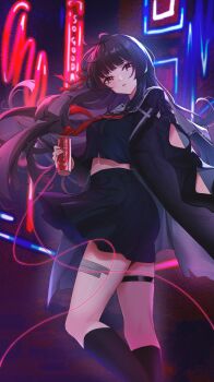 1girl absurdres arm_cutout black_hair black_jacket black_shirt black_skirt breasts can chinese_commentary chisa_(wuthering_waves) clothing_cutout coca-cola commentary_request drink_can feet_out_of_frame from_side hair_ribbon highres holding holding_can jacket long_hair long_sleeves looking_at_viewer looking_to_the_side medium_breasts mole mole_under_eye neckerchief neon_sign okfin3_(sogoodman4396) parted_lips red_eyes red_neckerchief red_ribbon revision ribbon sailor_collar shirt skirt solo string string_of_fate thigh_strap thighs white_sailor_collar wuthering_waves