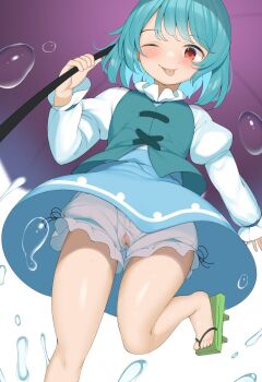 1girl bloomers blue_hair blue_skirt blue_vest cleft_of_venus closed_mouth geta green_footwear holding holding_umbrella juliet_sleeves long_sleeves looking_at_viewer one_eye_closed piyodesu puffy_sleeves purple_umbrella pussy red_eyes simple_background skirt smile solo tatara_kogasa tongue tongue_out touhou umbrella underwear vest white_background