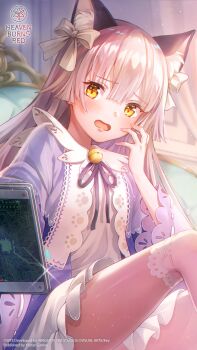 Rule 34 | 1girl, animal ear fluff, animal ears, bell, blunt bangs, blunt ends, blush, bow, brown hair, cat ears, cat girl, commentary, copyright logo, copyright notice, cowboy shot, curtains, day, diamond-shaped pupils, diamond (shape), dress, english commentary, extra ears, eyes visible through hair, frilled dress, frilled sleeves, frills, full body, furrowed brow, hair between eyes, hand up, heart, heaven burns red, highres, hime cut, holding, indoors, jingle bell, knees up, light particles, logo, long hair, long sleeves, looking at viewer, low-tied long hair, neck ribbon, official alternate costume, official alternate hairstyle, official art, official wallpaper, ogasawara hisame, ogasawara hisame (desire and reverence), on bed, open mouth, outstretched arm, pajamas, paw print, print pajamas, purple pajamas, purple ribbon, red pupils, ribbon, ribbon-trimmed sleeves, ribbon trim, short dress, sidelighting, sidelocks, sitting, solo, sparkle, straight hair, symbol-shaped pupils, thighhighs, thighs, very long hair, white bow, white dress, white thighhighs, wide sleeves, yellow eyes