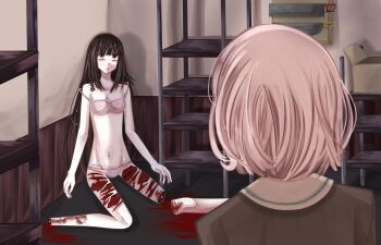 bad_tag blood blood_stain ero_guro guro highres kitanai_kimi_ga_ichiban_kawaii lingerie long_hair non-web_source self-harm underwear yuri