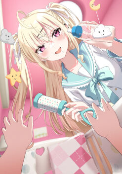 Rule 34 | 1girl, 1other, :d, absurdres, ahoge, aqua ribbon, aqua sailor collar, baby, baby bottle, baby pov, bedroom, blonde hair, bottle, breasts, collarbone, commentary request, crescent, crib, drooling, ear piercing, earrings, fingernails, hair ribbon, heart, heart earrings, highres, holding, holding bottle, indoors, jewelry, long hair, long sleeves, medium breasts, motherly, nail polish, neck ribbon, open mouth, original, piercing, pink eyes, pink nails, pov, pov hands, ribbon, sailor collar, saliva, school uniform, serafuku, shirt, sidelocks, siokazunoko, smile, solo focus, star (symbol), two side up, upper body, white ribbon, white shirt