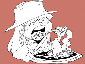 Rule 34 | 1girl, brown background, closed eyes, commentary request, eating, fork, greyscale with colored background, hair ribbon, hamburger steak, hat, holding, holding fork, holding knife, hot plate, knife, moriya suwako, onikobe rin, open mouth, ribbon, simple background, solo, touhou, upper body