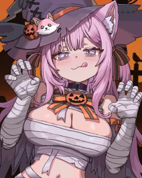 1girl animal_ears bags_under_eyes bandaged_arm bandages blush bow breasts chest_sarashi cl_oor claw_pose cleavage closed_mouth commentary hakui_koyori hat highres hololive huge_breasts kokoro_(hakui_koyori) long_hair looking_at_viewer orange_bow orange_sky pink_eyes pink_hair pixel_art pumpkin_ornament sarashi sky smile solo tongue tongue_out virtual_youtuber witch_hat wolf_ears wolf_girl