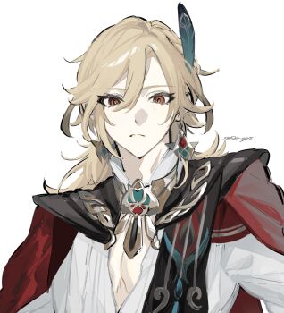 1boy absurdres blonde_hair closed_mouth commentary_request earrings feather_hair_ornament feathers genshin_impact hair_ornament highres jewelry kaveh_(genshin_impact) light_blush male_focus medium_hair red_eyes shirt sho_yai simple_background solo twitter_username upper_body white_background white_shirt