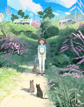 1girl absurdres animal aymeric_kevin blue_shirt blue_sky blunt_bangs brown_eyes brown_hair building cat cloud dappled_sunlight day english_text fanny_pack flower full_body grass highres house music open_mouth original outdoors overalls path pink_flower pink_shoes plant power_lines road scenery shirt shoes short_hair short_sleeves singing sky solo stairs standing sunlight tree utility_pole