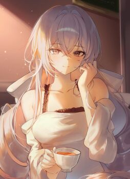 1girl alternate_costume bronya_rand commentary cup curled_fingers dappled_sunlight drill_hair frills grey_eyes grey_hair hair_between_eyes hand_up highres holding holding_cup honkai:_star_rail honkai_(series) indoors long_hair looking_at_viewer off_shoulder smile soymilk_arts2 sunlight tea very_long_hair
