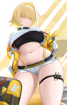 Rule 34 | 1girl, ahoge, artist name, black gloves, black sports bra, blonde hair, breasts, clothing cutout, commentary, contrapposto, cowboy shot, crop top, crop top overhang, cropped sweater, cyicheng, elegg (nikke), eyes visible through hair, fang, gloves, goddess of victory: nikke, hair intakes, hair over eyes, large breasts, long bangs, long sleeves, looking at viewer, micro shorts, midriff, multicolored gloves, multicolored hair, navel, plump, pulling own clothes, purple eyes, short hair, shorts, shoulder cutout, simple background, smile, solo, sports bra, suspender shorts, suspenders, suspenders pull, sweater, thigh strap, two-tone gloves, two-tone hair, untranslatable commentary, white shorts, yellow gloves
