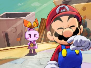 1boy 1girl blue_overalls closed_eyes facial_hair gloves hat highres ireen_(mario) looking_at_viewer mario mario_&amp;_luigi:_brothership mario_&amp;_luigi_rpg mario_(series) mustache nintendo overalls red_hat red_shirt shirt white_gloves yamari_(ya_mari_6363)