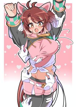 1girl absurdres ahoge animal_ears arms_up belt black_pantyhose blush breast_lift breasts brown_eyes brown_hair checkered_ribbon cowboy_shot cropped_legs dantsu_flame_(umamusume) ear_covers grabbing_another&#039;s_breast grabbing_from_behind groping hair_ornament heart heart_background highres horse_ears horse_girl horse_tail ken725011186 large_breasts medium_hair navel open_mouth pantyhose pink_background simple_background solo stomach sweat tail tickling tickling_armpits tickling_arms tickling_breasts tickling_legs tickling_navel umamusume