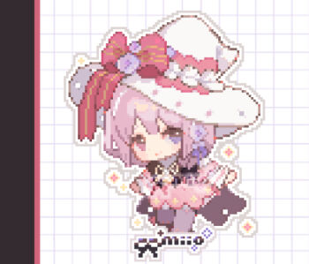 1girl arin_(fanfan013) artist_name blue_eyes blush_stickers bow chibi chibi_only closed_mouth double-parted_bangs dress full_body grid_background hat hat_bow heterochromia long_sleeves looking_at_viewer original outline pantyhose pink_dress pink_eyes pink_hair pixel_art purple_pantyhose red_bow short_hair smile solo standing white_background white_hat white_outline witch_hat