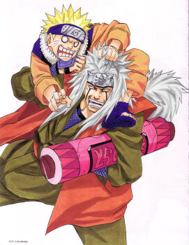 Rule 34 | 2boys, absurdres, blonde hair, blue boots, boots, forehead protector, highres, jacket, jiraiya (naruto), kishimoto masashi, konohagakure symbol, long hair, multiple boys, naruto (classic), naruto (series), official art, open-toe boots, open mouth, orange jacket, orange pants, pants, short hair, simple background, teeth, uzumaki naruto, white background